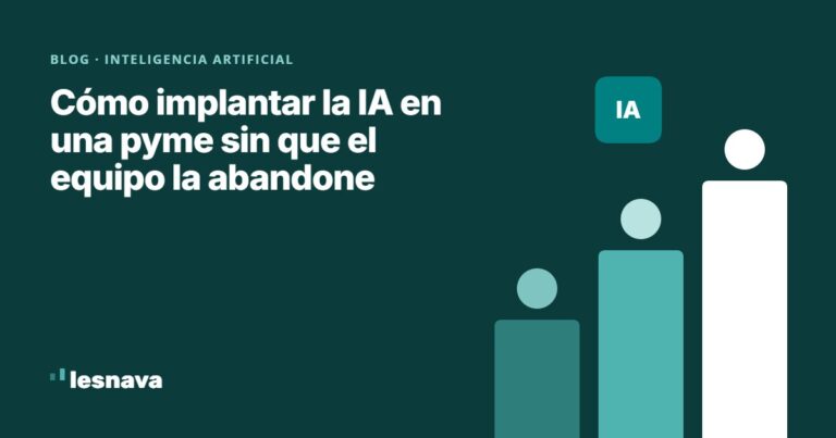 Ilustración de tres personas sobre barras crecientes que representan la implantación de IA en una pyme con el equipo
